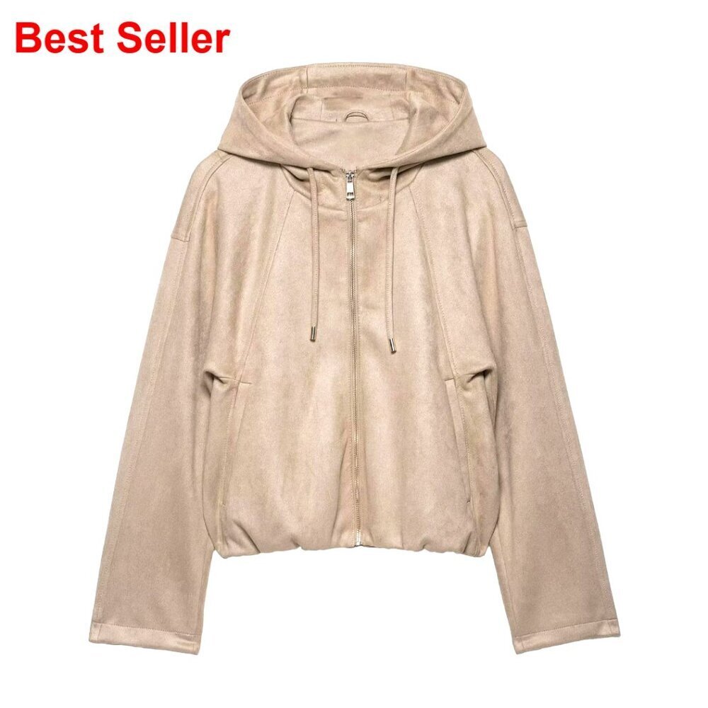 Faux Suede Bomber Jacket with Drawstring Hood and Pockets